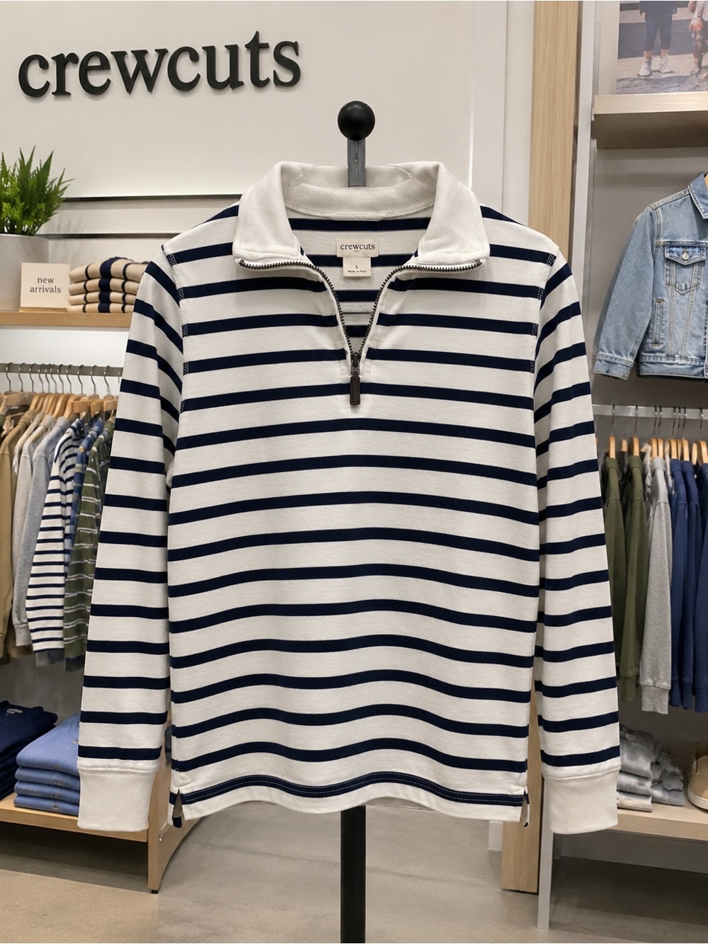 Crewcuts White and Navy Striped Quarter-Zip Pullover